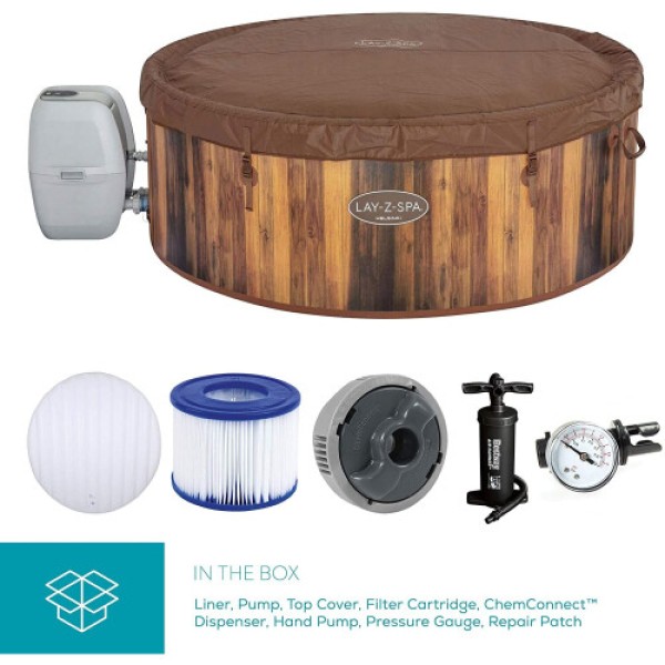 Lay-Z-Spa Helsinki Bak Mandi Air Panas, Kolam Spa Inflatable Pola Kayu, dengan Penutup Perlindungan Beku